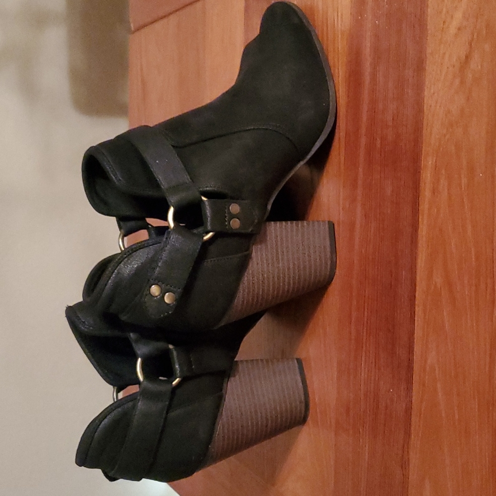 Fergalicious black suede peep toe booties, size 10